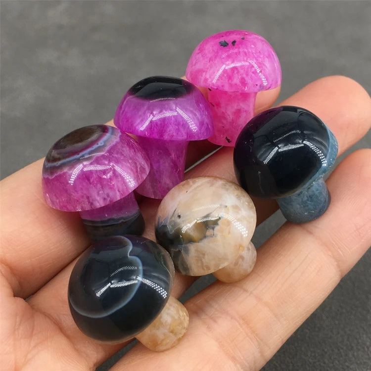 Diy Natural Rainbow Chalcedony Healing Stone Quartz Mushrooms Crystal Hand Carved Single Mushroom 1.5 Inches