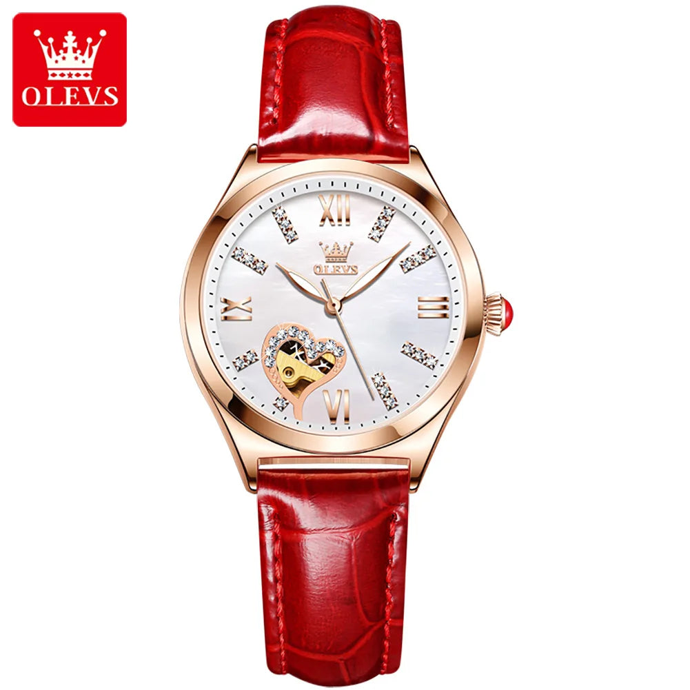 OLEVS 6636 Women Latest Analog Display Automatic Movt Leather Belt Fashionable Gift Mechanical Watch for Woman