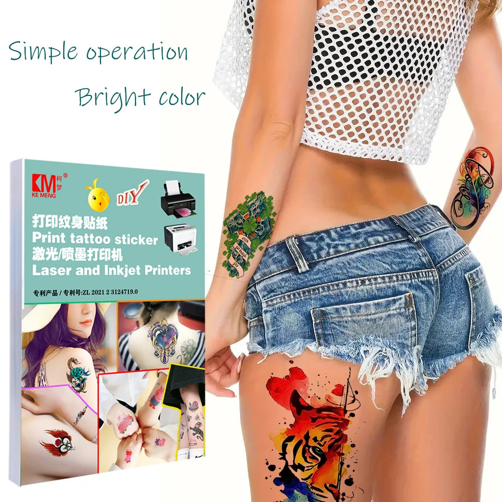 KeMeng AB White Fashionable Temporary Tattoo Sticker Paper Inkjet Laser Printer Compatible Water Transfer Printable DIY Digital