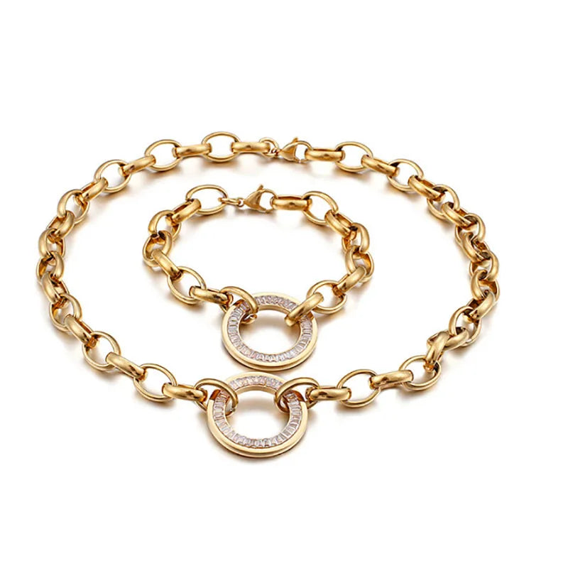 Woman 316L Stainless Steel Bracelets and Necklaces Suits Zircon Three-piece Necklace Titanium Fine Chain Jewelry Sets