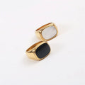 18K Gold & 316L Stainless Steel Simple White Shell Rectangle Finger Ring with Black Enamel 10*14mm Band Jewelry