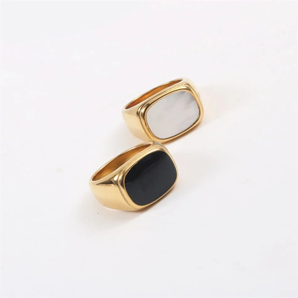 18K Gold & 316L Stainless Steel Simple White Shell Rectangle Finger Ring with Black Enamel 10*14mm Band Jewelry