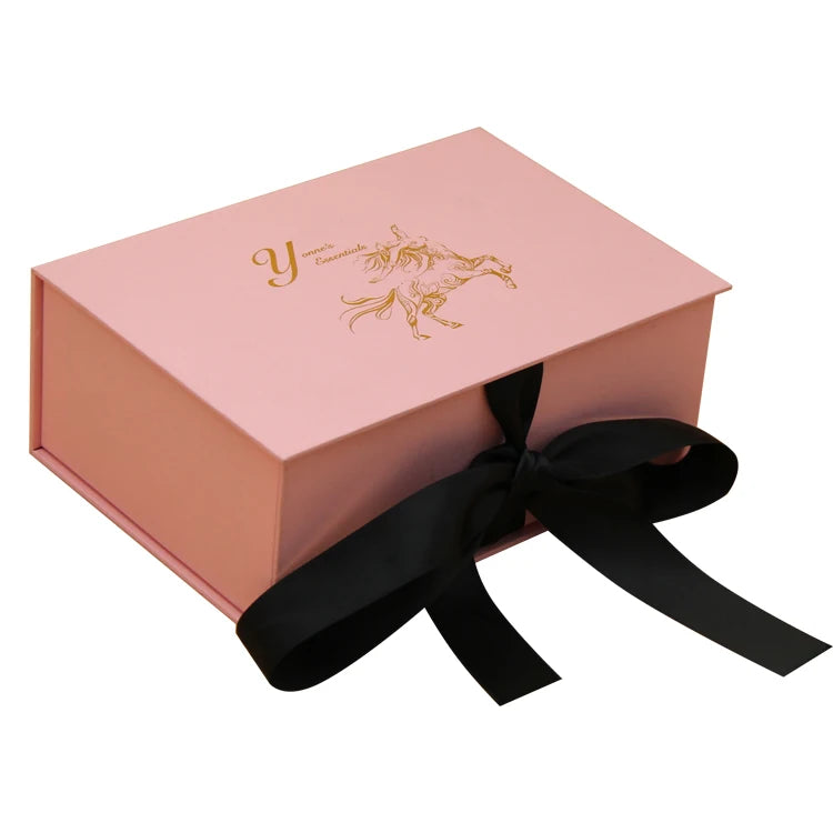 Custom Book-Shaped Pink and White Plain Magnetic Closure Folding Gift Box Embossed with Sponge Liner Art Paper Ribbon