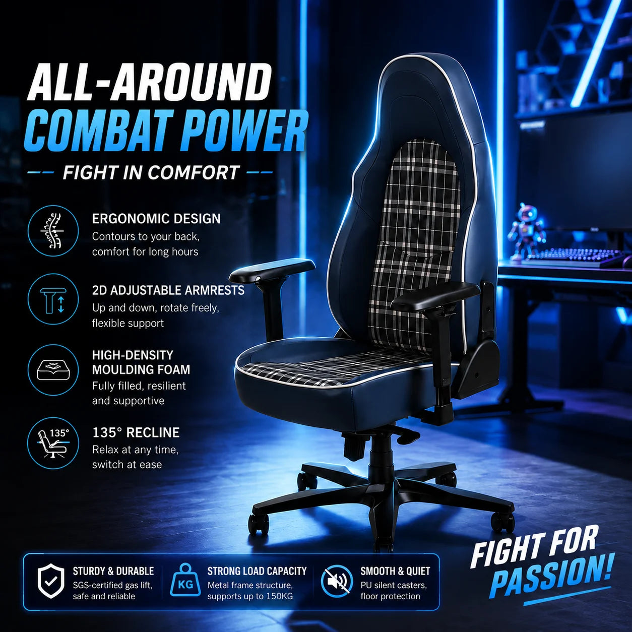 Fabric Adjustable Magnetic Headrest Height-Adjustable Ergonomic High-Back PC Gaming Chair