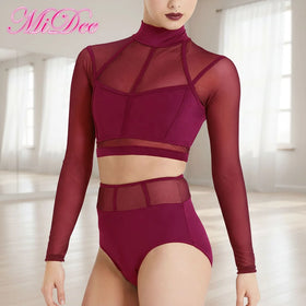 MiDee Modern Splicing Design Jazz Dance Costume Set for Women Adults Open Belly Top and Triangle Pants for Stage
