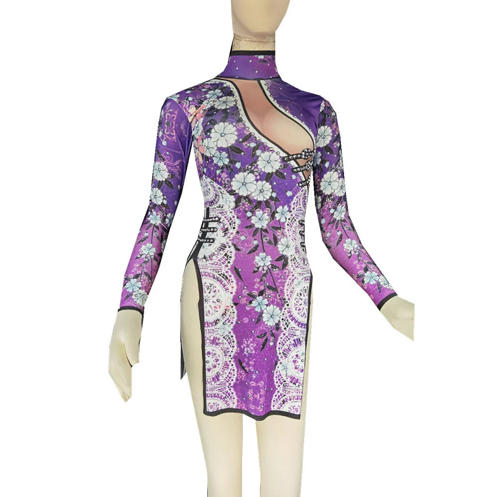 Fashion Floral Night Club Party Cheongsam Women Drag Show Performance High Slit Mini Dress Gogo Dancer Costume Festival Outfit