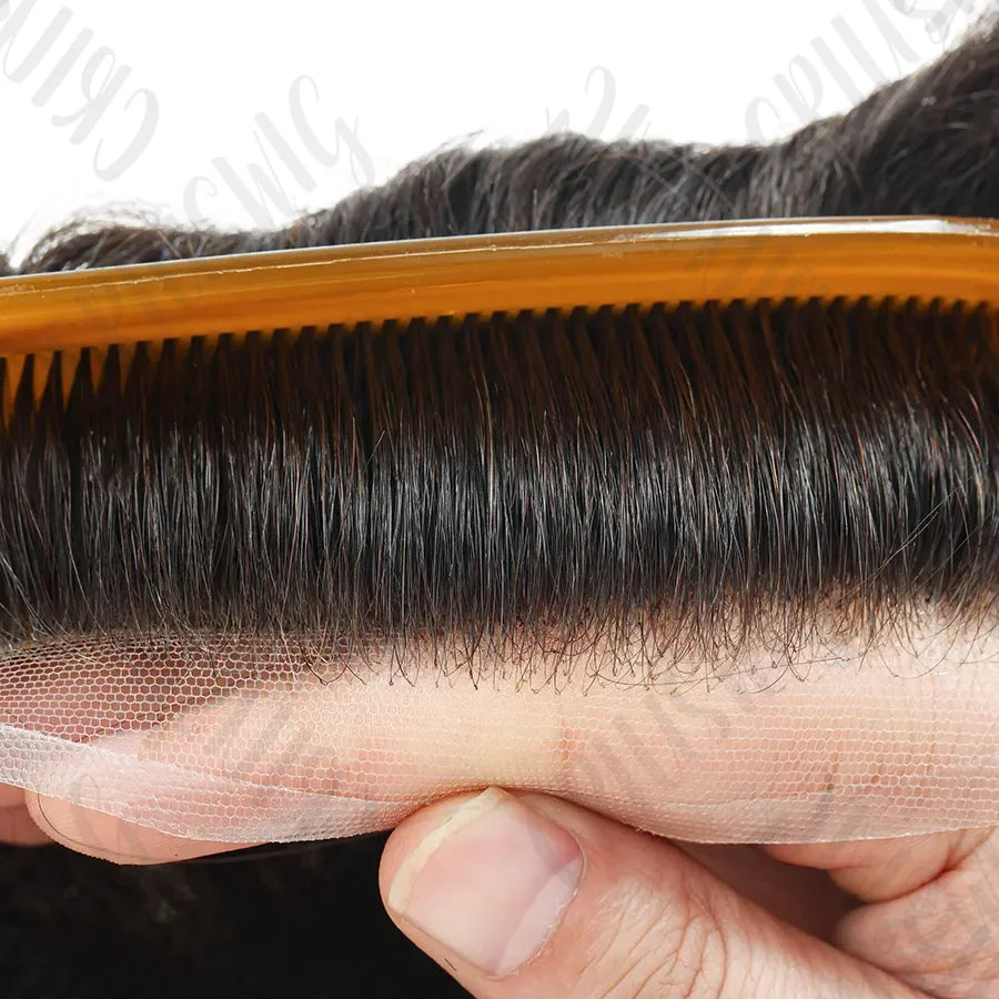 Full for Lace Toupee Wig Indian Virgin Hair Straight Black with Grey Prosthesis Hair Pieces for Bald Men