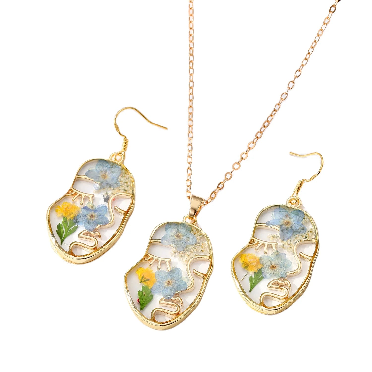 2023 New Fashion Jewelry Abstract Forget-me-not Face Gold Plated Earrings Necklace Hand Embossed Set