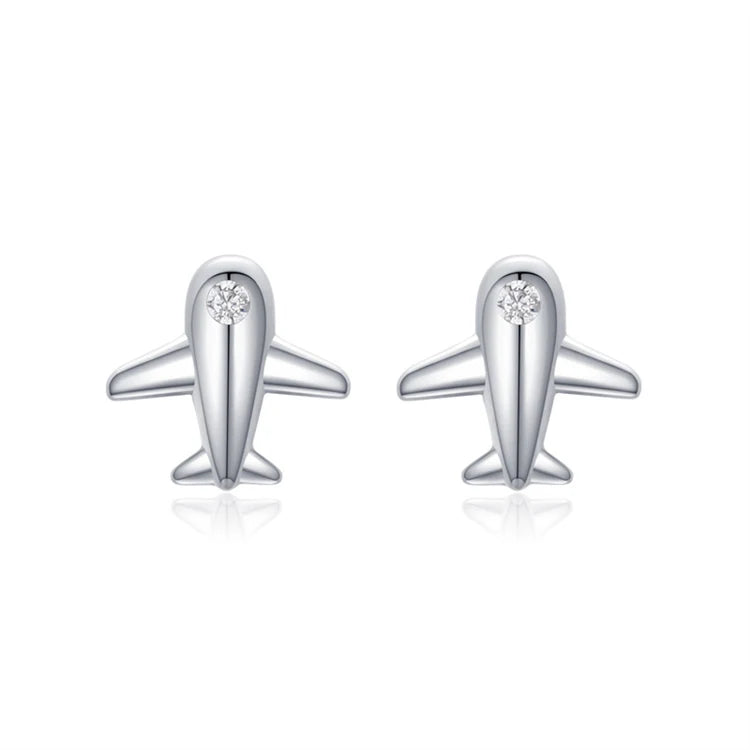 Cute Mini 925 Sterling Silver Micro Inlay CZ Diamond Airplane Plane Stud Earring for Women