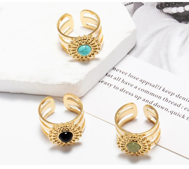 Sunflower Natural Stone 18K Gold Plated Stainless Steel Adjustable Rings Vintage Dainty Jewelry Rings for Women