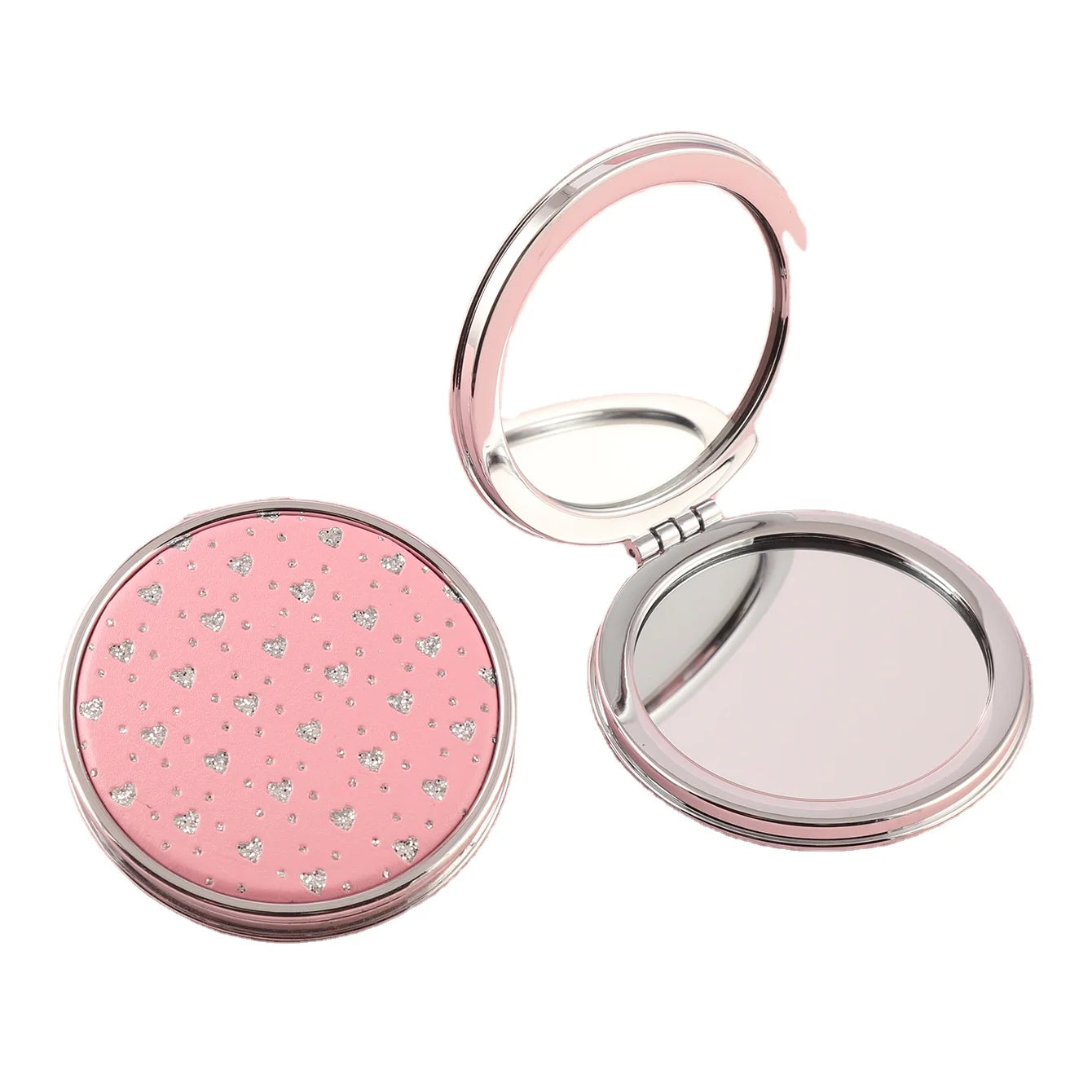 Double-Sided Foldable PU Leather Round Cosmetic Mirror with Love Powder Available in Pink Red and White
