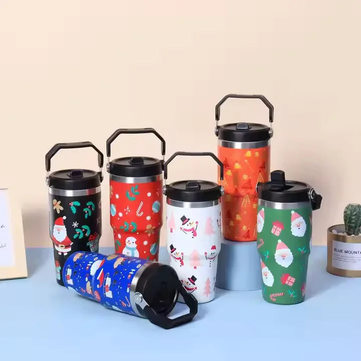 20oz Stainless Steel Holiday Tumbler Leakproof Flip Lid Vacuum Coffee Cup with Top Handle for Hot Cold Beverages for Christmas