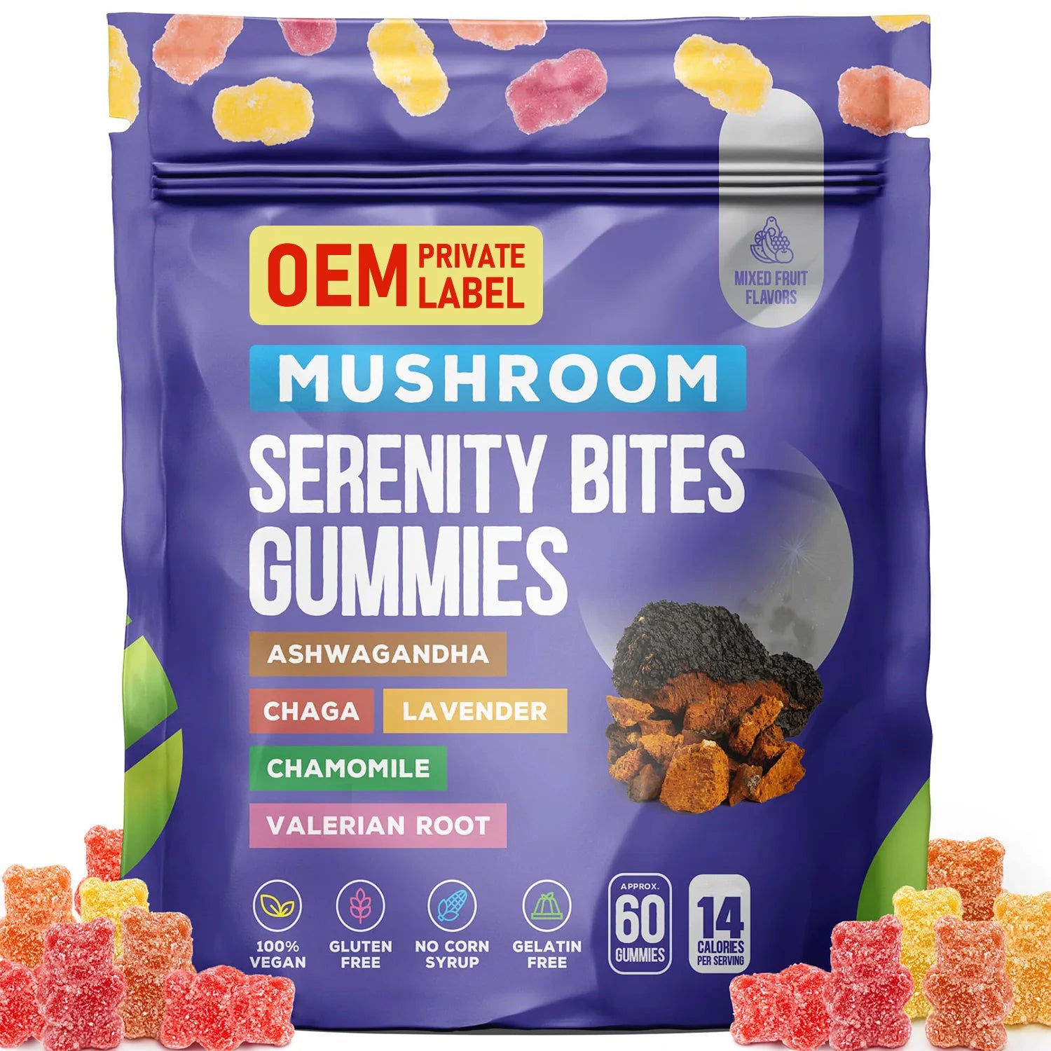 OEM Ashwagandha Lions Mane Mushroom Supplement Gummies Reishi Cordyceps Turkey Tail Maitake Shitake Mushroom Gummies