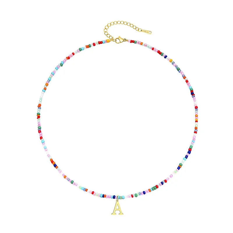 Wholesale Bohemian Style Gold Plated Stainless Steel Necklace for Women Natural Stone Colored Rainbow Initials Letter