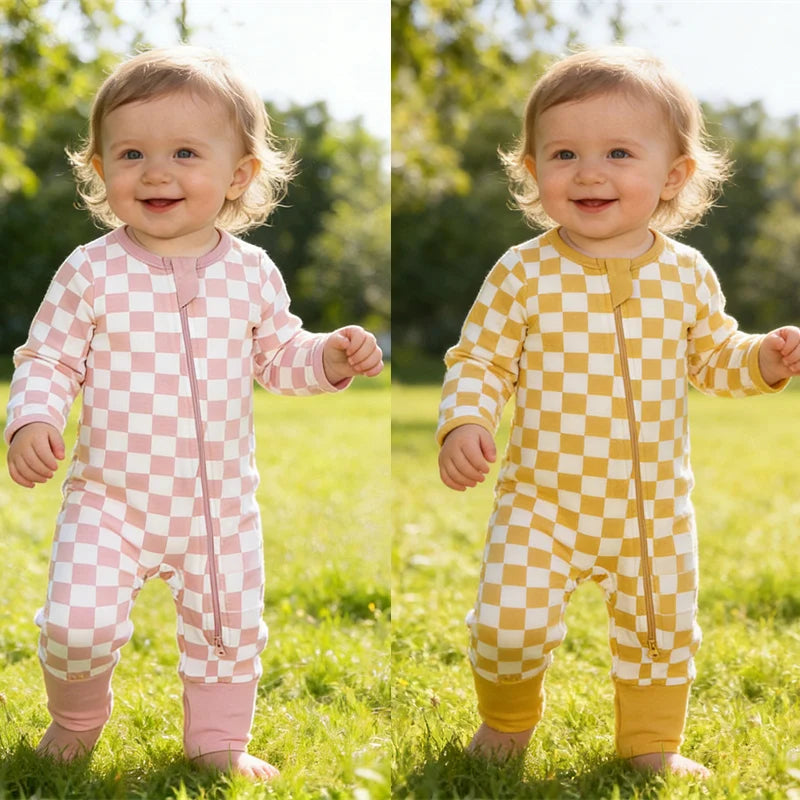 Fashion Newborn Summer Sleeve Baby Onesie Checkered Rompers Baby Pajamas Romper