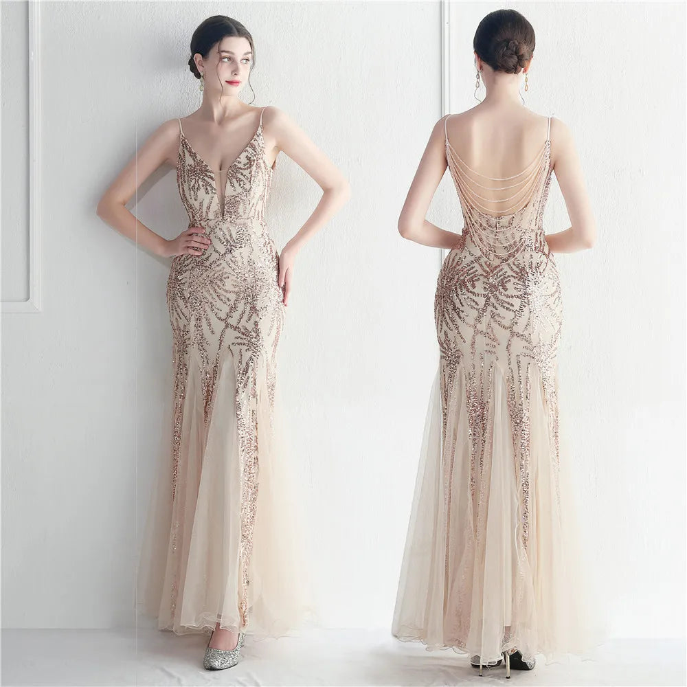 19998# Star Event Stage Long Evening Gauze Studded Sequin Dress