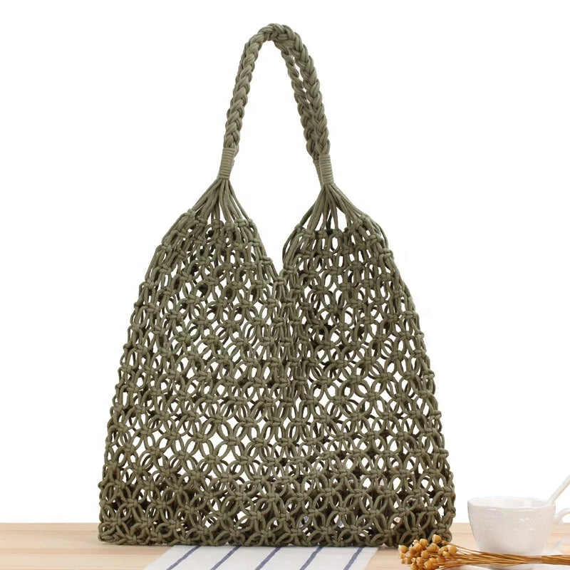 Handmade Cotton Japan Style Vintage Two-Handle Woven Eco-Friendly Shoulder Bag for Women Travel Beach Shopping