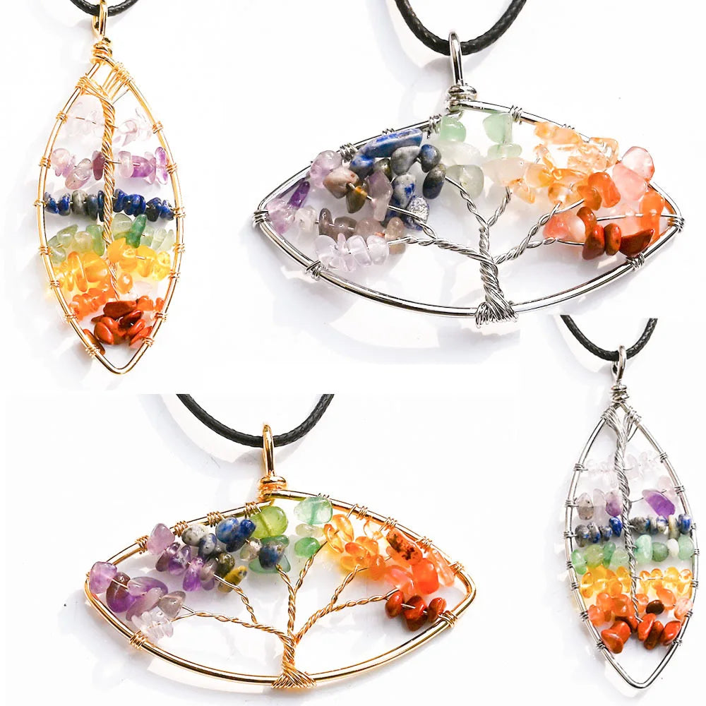 Wholesale 7 Chakra Wire Wrapped Lucky Natural Crystal Chips Pendant for Healing Stones Jewelry Necklace
