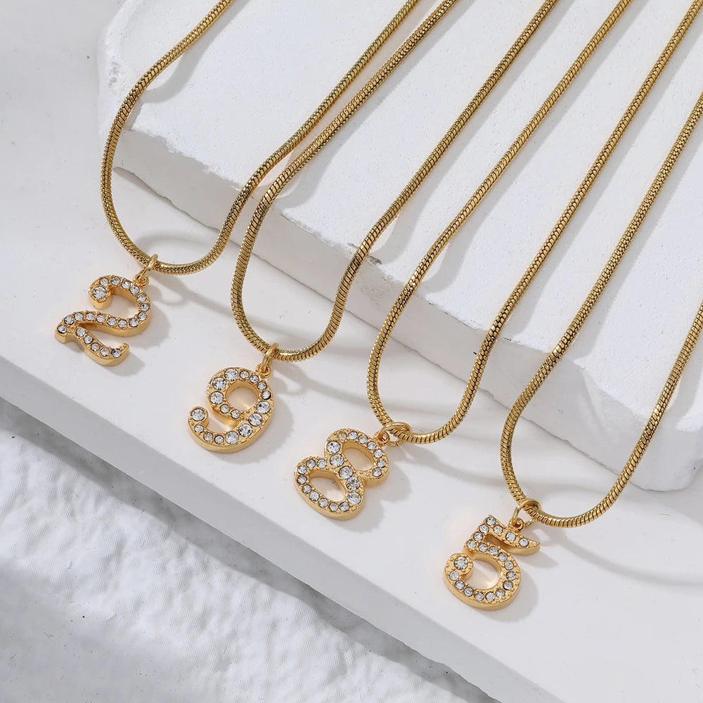 Crystal Glass Decorated Arabic Numerals Gold Plated Stainless Steel 1.3mm Round Snake Chain Waterproof Numbers Pendant Necklaces