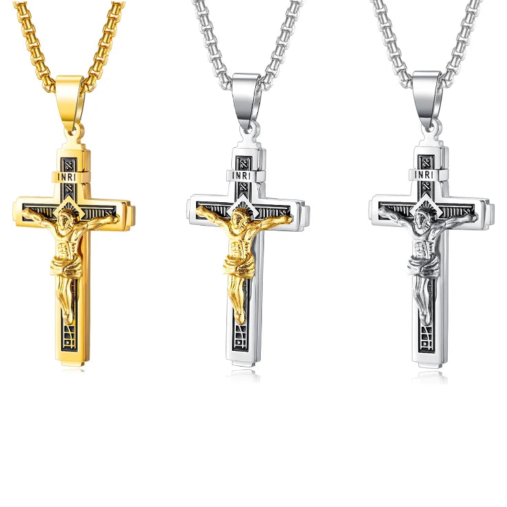 Religious Trendy Hip-hop Classic Retro Cross Gold Plated Stainless Steel Pendant Necklace Men's Engagement Wedding Party
