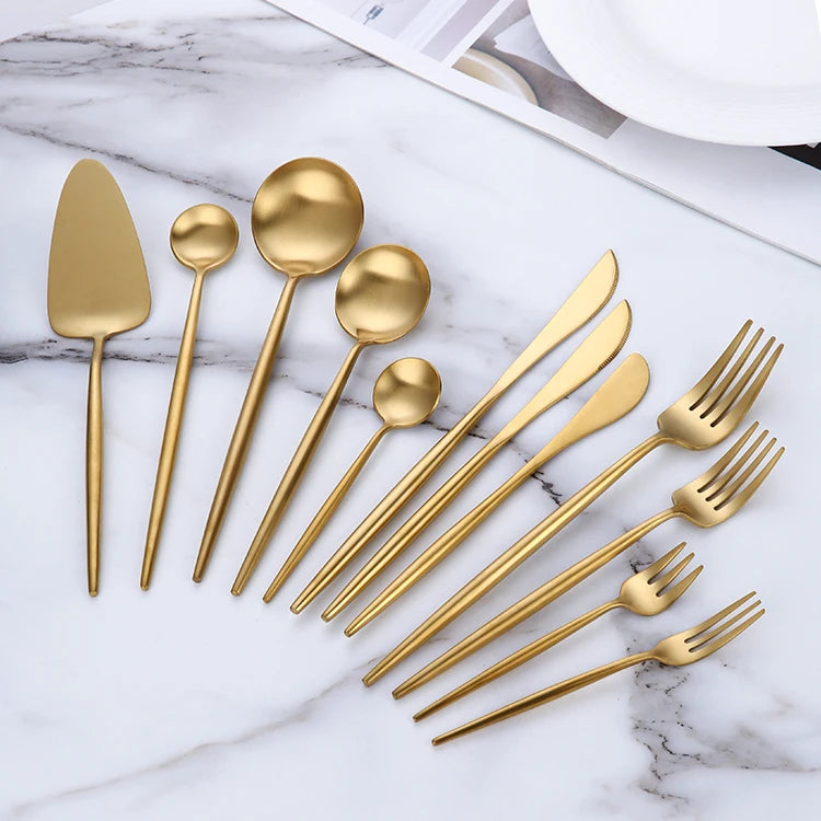 Thick Round Handle Custom Logo Matte Gold Flatware Stainless Steel Cutlery Set for Wedding