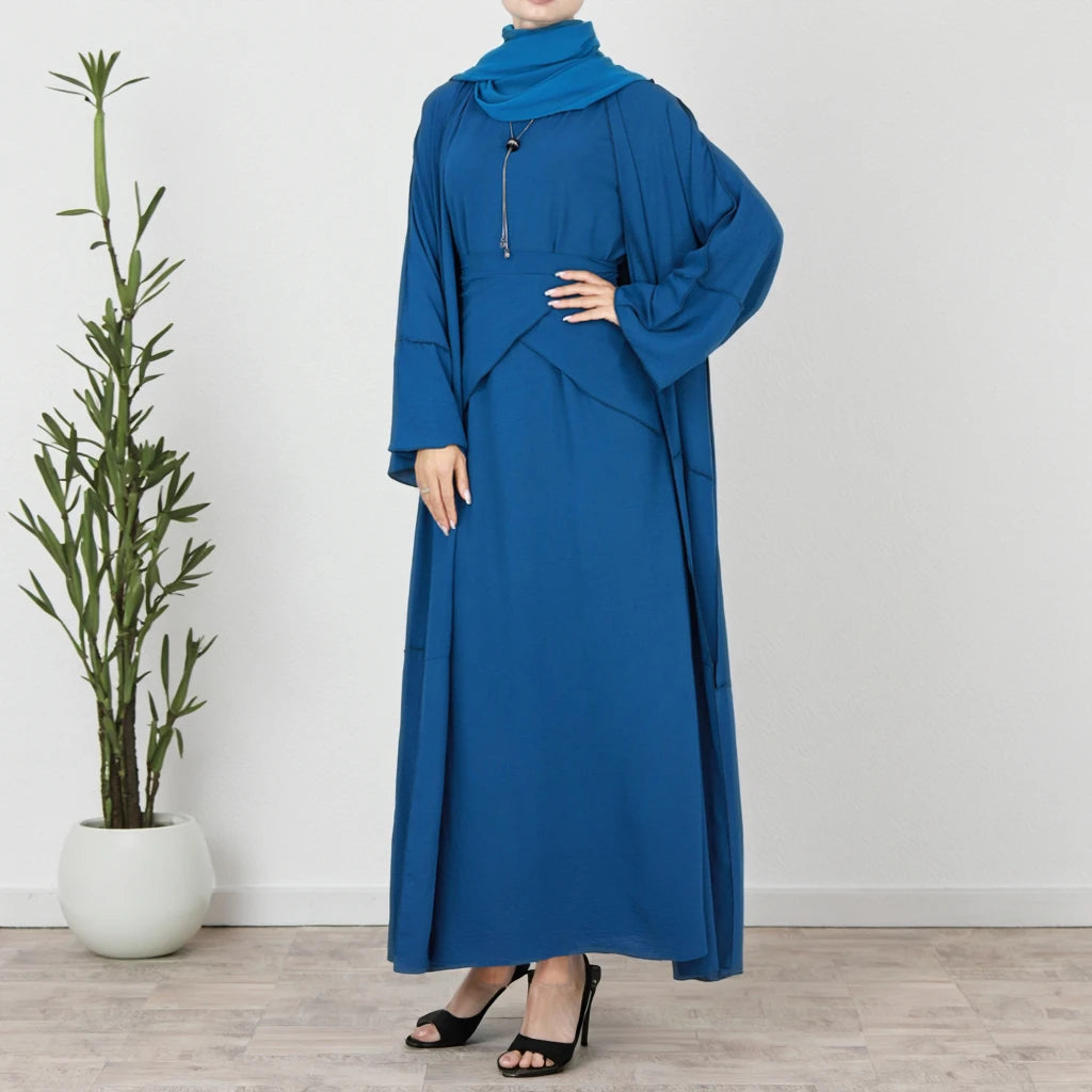 Loriya 3PCS Women's Islamic Clothing Set Open Cardigan Abaya Inner Dress Middle Wrap for EID Fashionable Abaya Set for Muslim