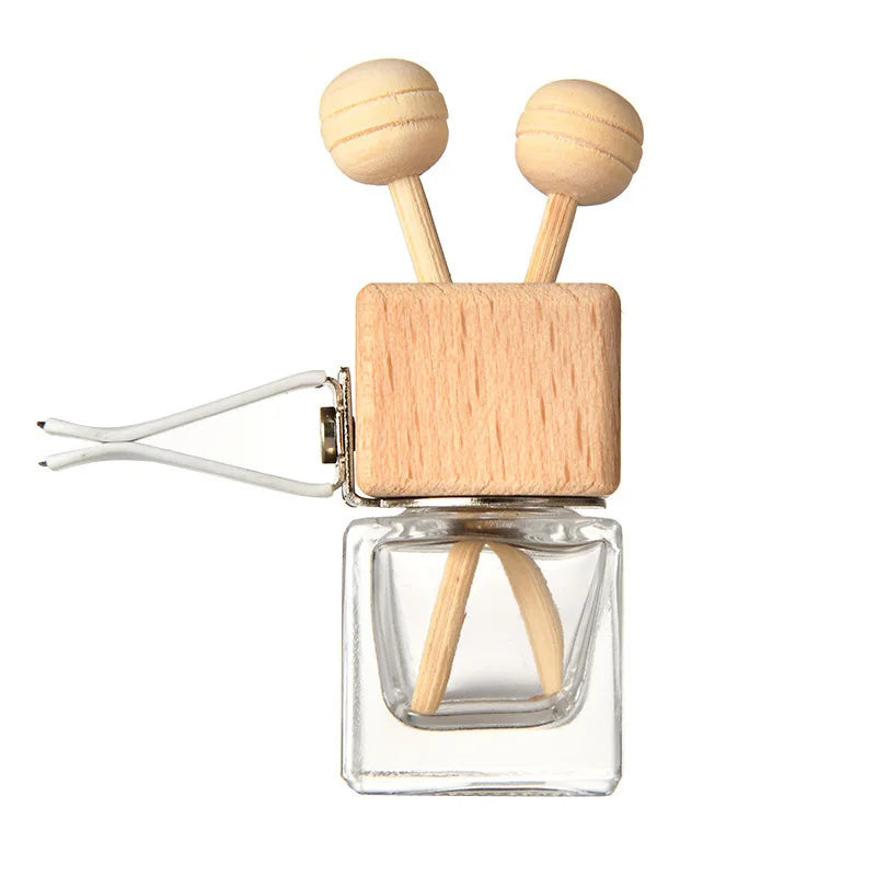 8ml Clear Glass Car Air Freshener Perfume Bottle Empty Square Diffuser Wooden Cap Vent Clip Fragrance Scent Screw Cap Sealing