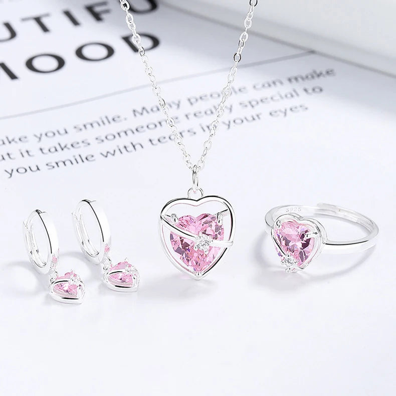 Ins Women Wedding Heart Style Engagement Dignity ZIRCON pink Diamond 925 Sterling Jewelry Set