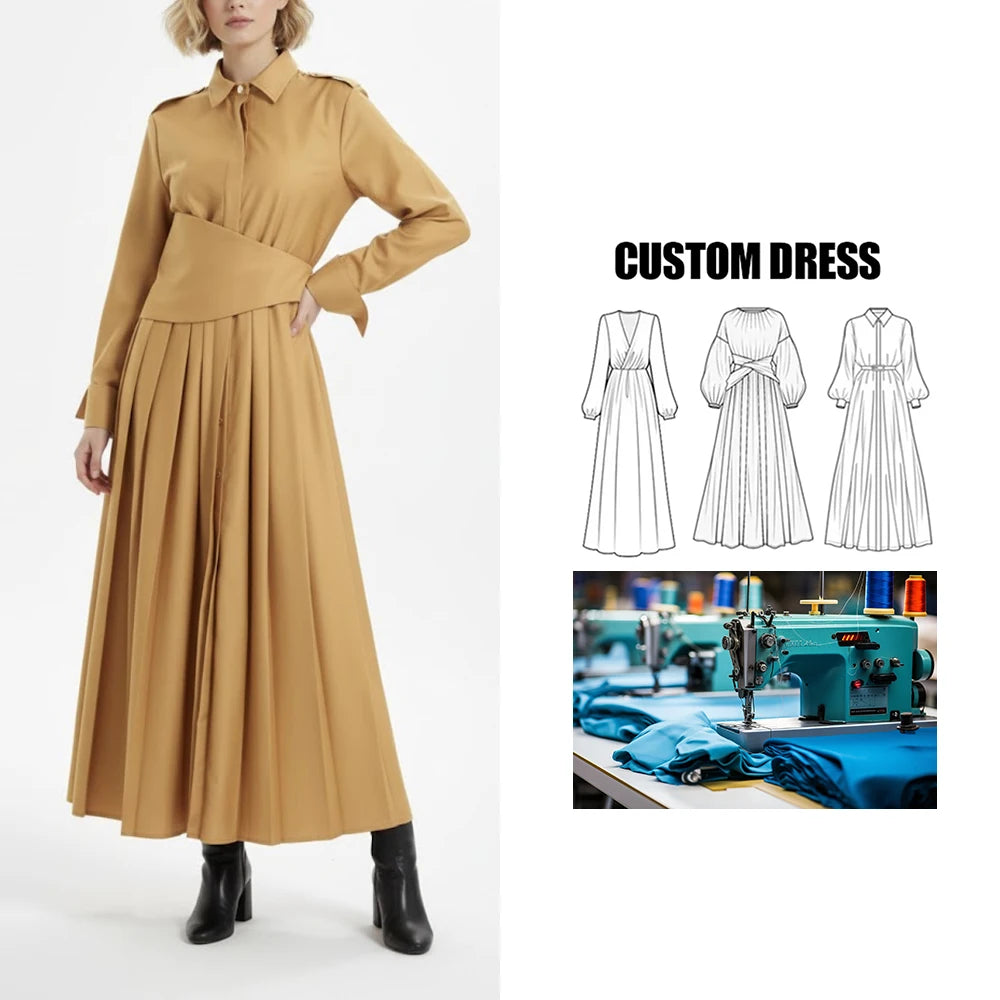 Brand Customization Middle Eastern Muslim Women's Modest Abaya Dress Stand-Up Collar Design Belt Pleated Cardigan Long Dress