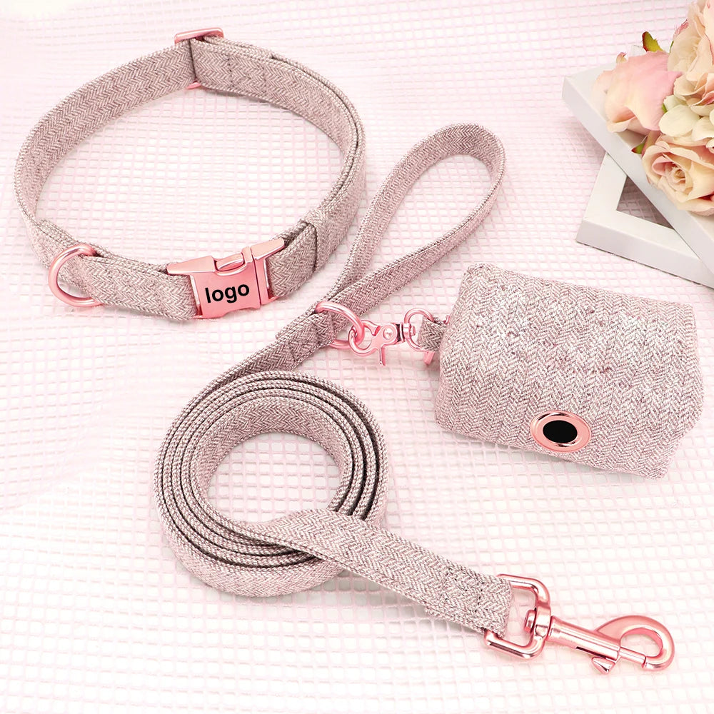 Eco Friendly Adjustable Making Pet Supplies Custom Logo ID Name Linen Cotton Dog Collar and Leash Set