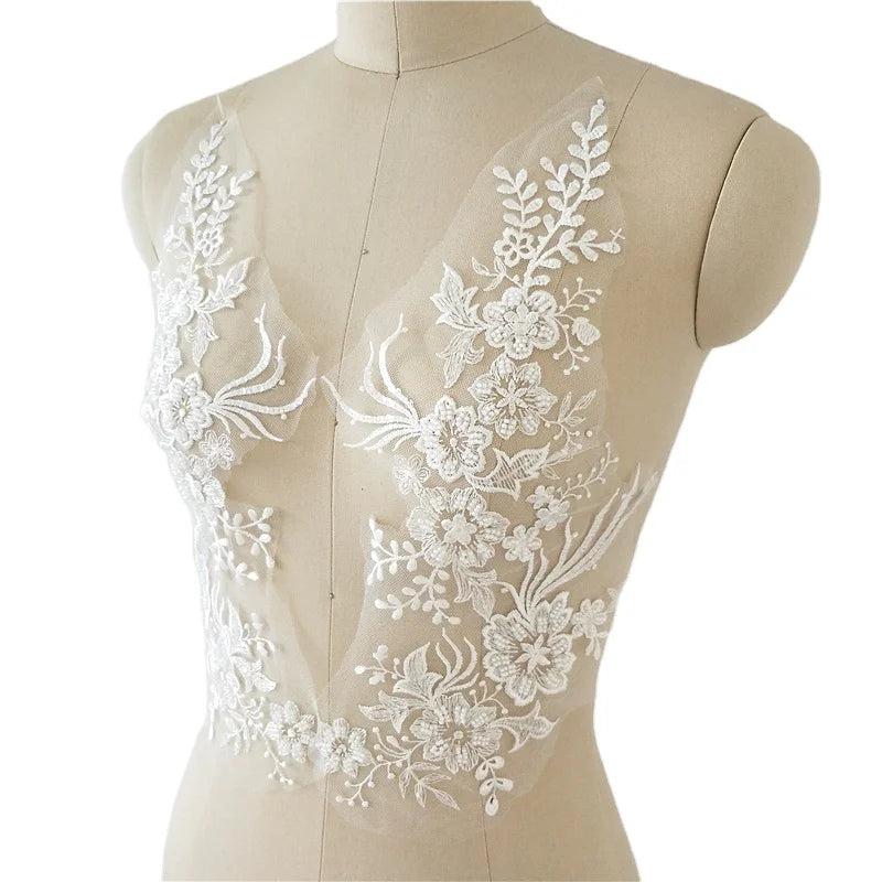 New Handmade Heavy Industry Embroidery Shiny Sheet Nail Bead French Tulle Lace Patch Applique Wedding Dress Headdress DIY