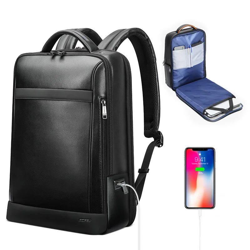 BOPAI Business Travel Men Cowhide 15.6 Inch Laptop Anti Theft Back Pack Luxury Custom Usb Charging Mochila Real Leather Backpack