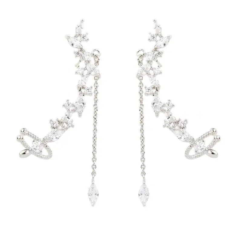 New Design Wedding Jewelry Luxury Clear  Zircon Earrings Elegant  Silver Needle Leaves Stud Earrings for Women