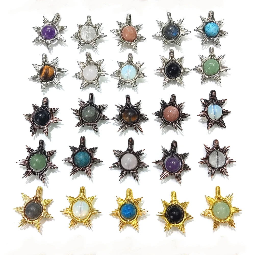 Wholesale Crystal Beads Handmade Wire Wrapped Jewelry Amethyst David Star Sun Pendant Natural Stone Charm for Jewelry Make