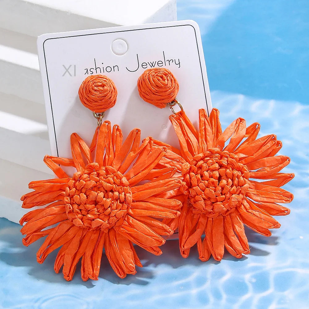 Summer New Hand-Woven Raffia Sunflower Drop Elegant Casual Vacation Fashion Trendy Geometric Stud for Wedding Gifts Mainly Alloy