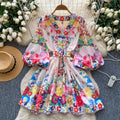 LW0918 2025 New Fashion V-Neck Lantern Sleeve Print Waist Dress Women'S Spring Dress Short Skirt Elegant Dresses For Women
