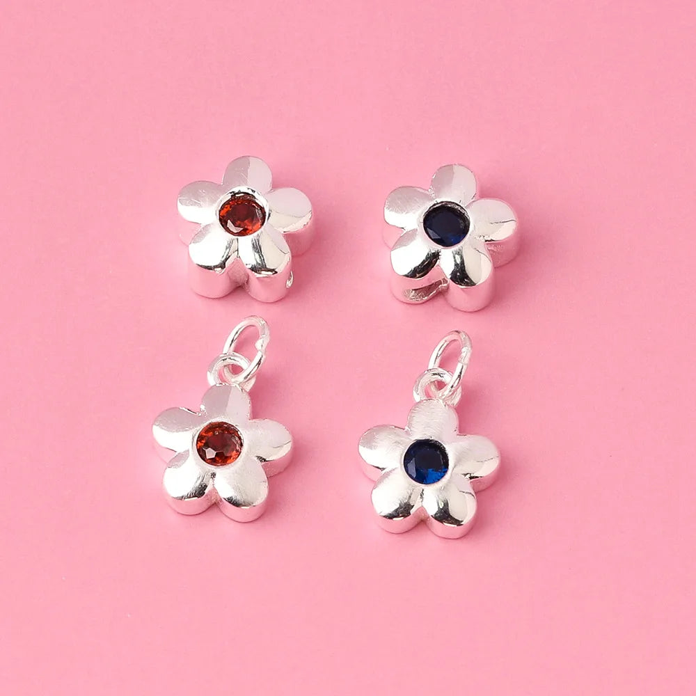 8mm Flower Charm 925 Sterling Silver Zircon Red Blue Flower Spacer Beads  for Bracelet Jewelry Making Supplies