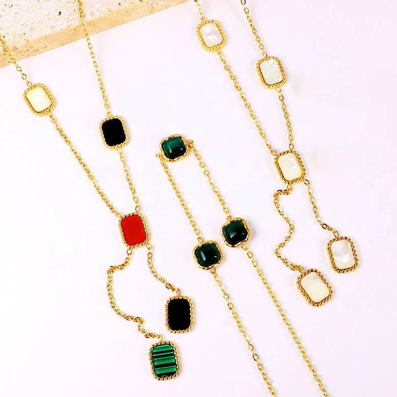 Dainty 18k Gold Plated Necklace Custom Fashion Jewelry Square Stainless Steel Shell Acrylic Turquoise Y Lariat Necklaces
