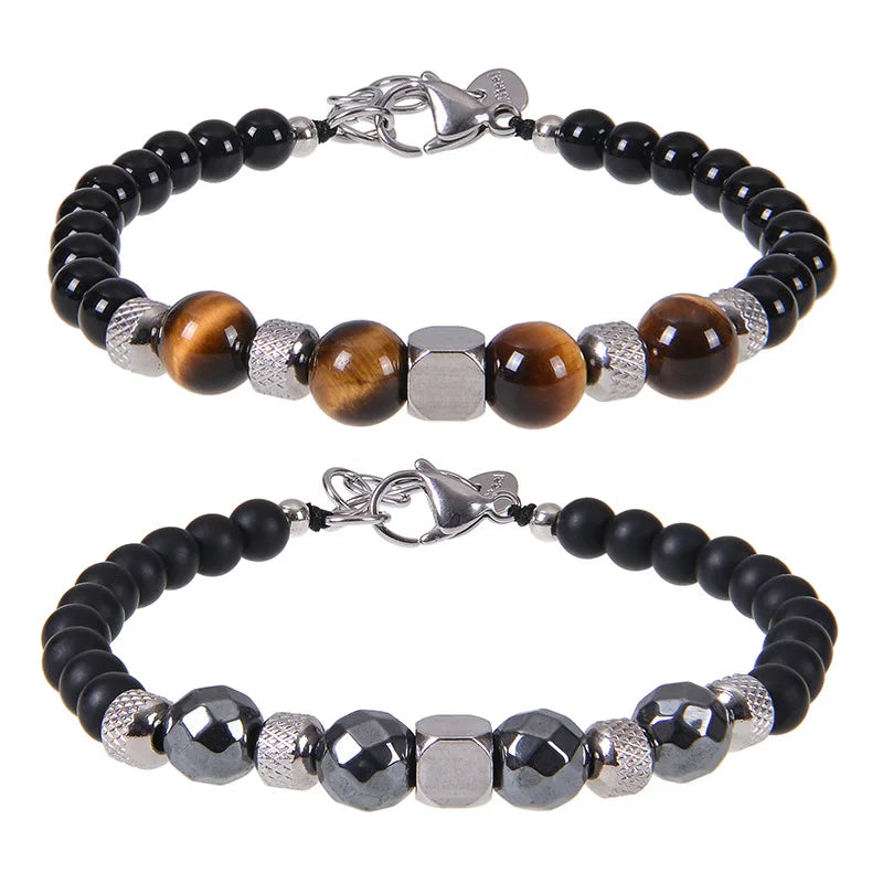 Adjustable Men's Stainless Steel Bracelet with Natural Tiger Eye Stone Obsidian Pineapple Bead Geometric Style Trendy Gift