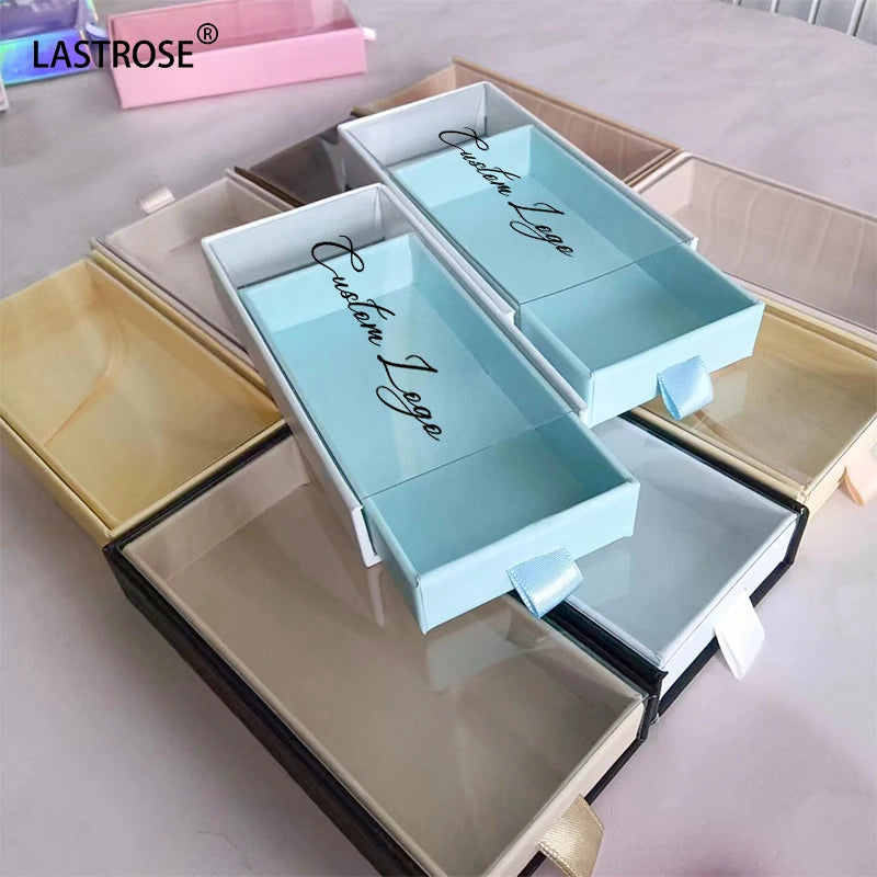 OEM Printed Eyelash Packaging Box Nude Blue Pull Out Lashbox Private Label Drawer Lashes Boxes for Mink Strip Lash