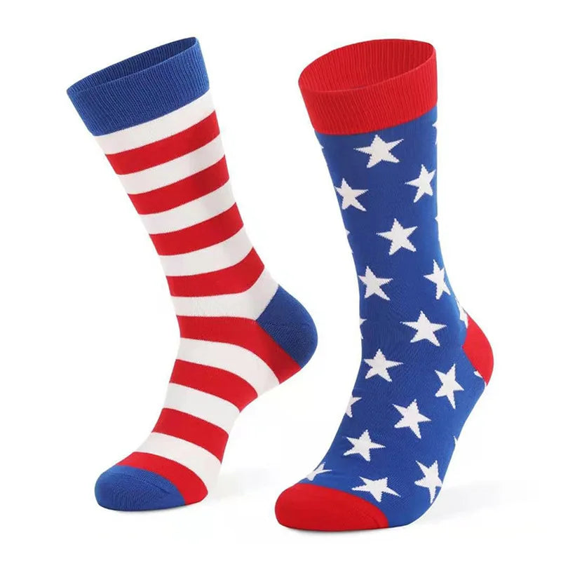 Cotton USA Independence Day Flag Socks Men Stars and Stripes Color Block Crew Socks