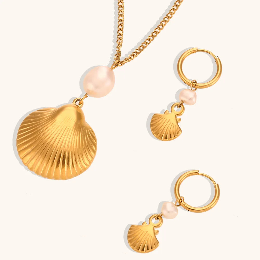 Minimalist Stainless Steel Freshwater Pearl Necklace Hoop Earrings Tarnish Free 18K Gold PVD Shell Charm for Wedding Party