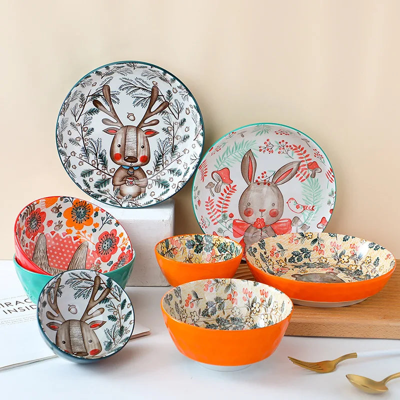 Creative Ceramic Rice Animal Forest Soup Lovely Breakfast Restaurant Home Bowl Plate Cartoon Tableware Set