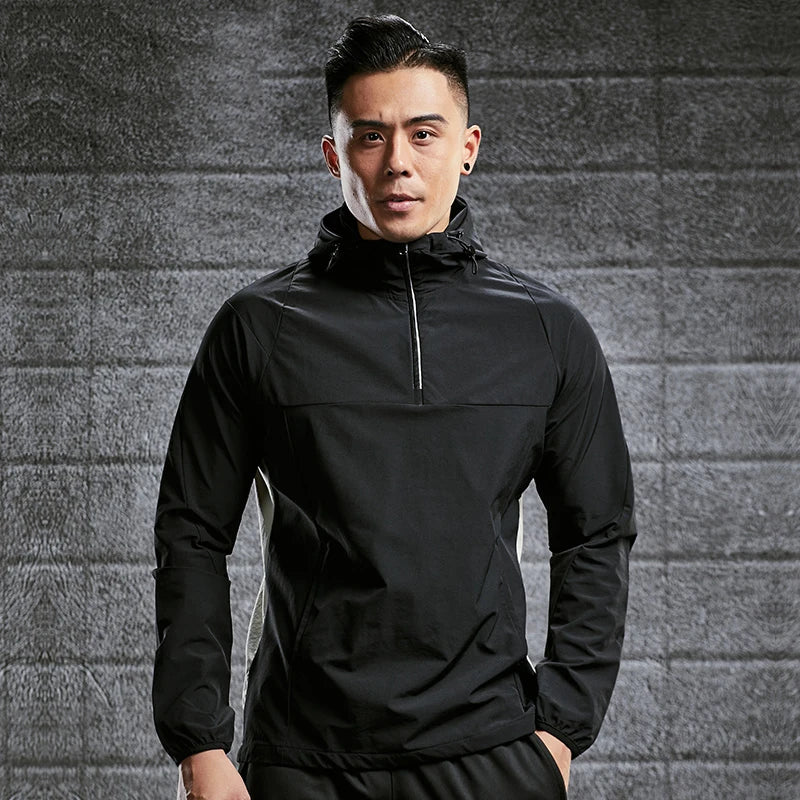 Men Gym Long Sleeve T Shirts Sweater Fitness Sports Half Zipper Windproof Outdoor Quick Dry Running Hooded Coat
