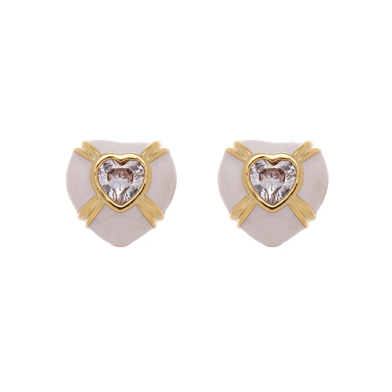 Vintage 18K Gold Plated Brass Jewelry Earrings Cubic Zirconia Double Heart Stud Earrings for Women Jewelry Gift