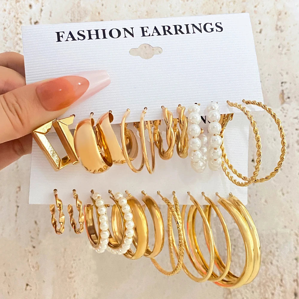 2022 Women Fashion Jewelry Gold Hoop Earrings Mixed Pearl Earrings Set