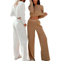 Kingyoung 2021 Women's Casual Sportswear 2-Piece Sweatsuit Set Solid Colors Waffle Broadcloth Long Wide Leg Pants Short Crop