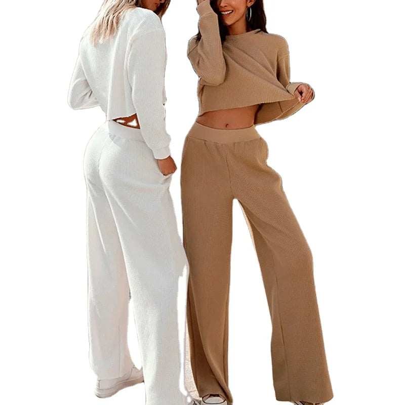 Kingyoung 2021 Women's Casual Sportswear 2-Piece Sweatsuit Set Solid Colors Waffle Broadcloth Long Wide Leg Pants Short Crop
