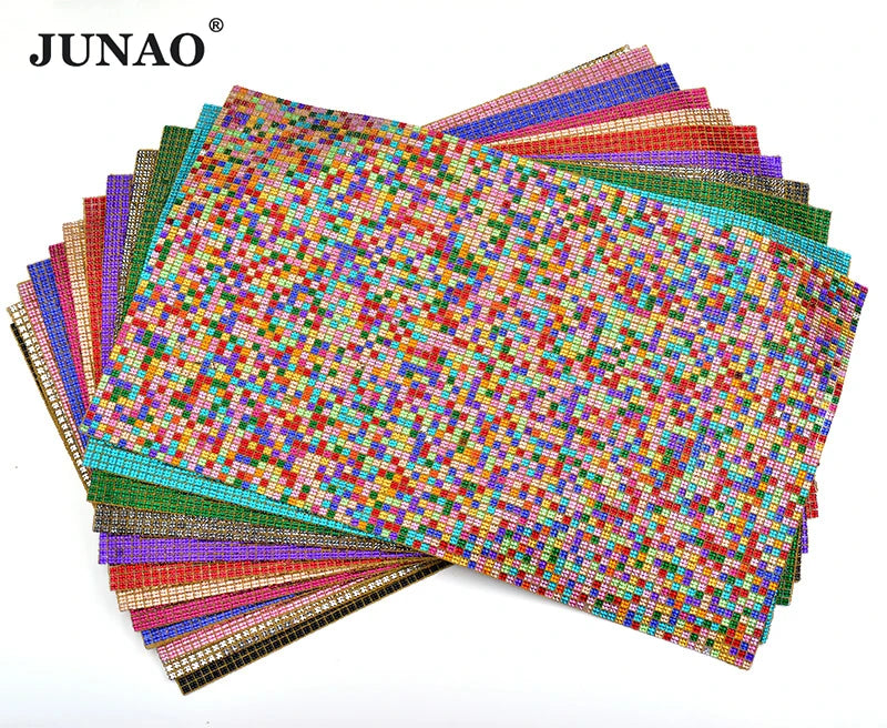 JUNAO Wholesale 24*40cm Resin Strass Sheet Beaded Iron on Rhinestones Crystal Mesh Trimming for DIY Bag