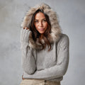 Women's Hooded Sweater with Faux Fur Trim Blended Knit Fabric Faux Fur Lined Hood Long Sleeve Elegant Outerwear